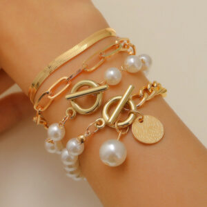 Golden Pearl Toggle Charm Layered Bracelet Set