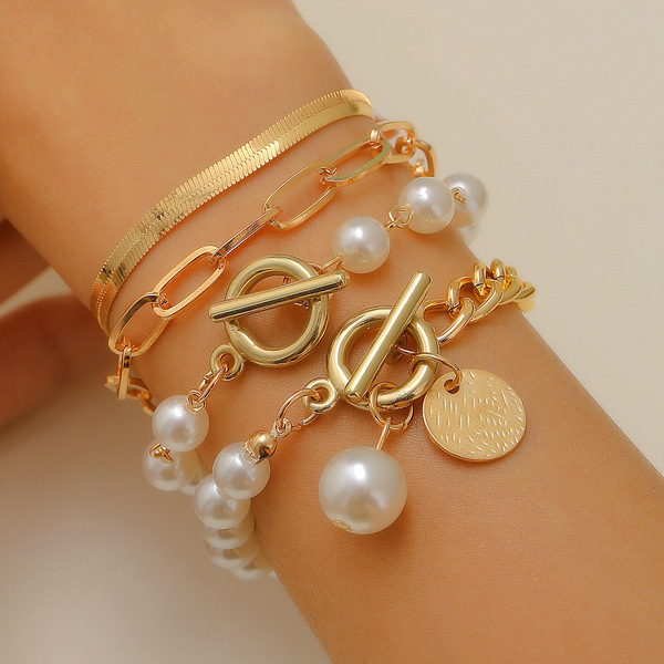 Golden Pearl Toggle Charm Layered Bracelet Set Golden Pearl Toggle Charm Layered Bracelet Set