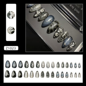 Silver 3D metallic liquid metal press-on nails with gray gradient