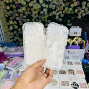 cute holographic heart and bow pearl transparent back cover case for iphone